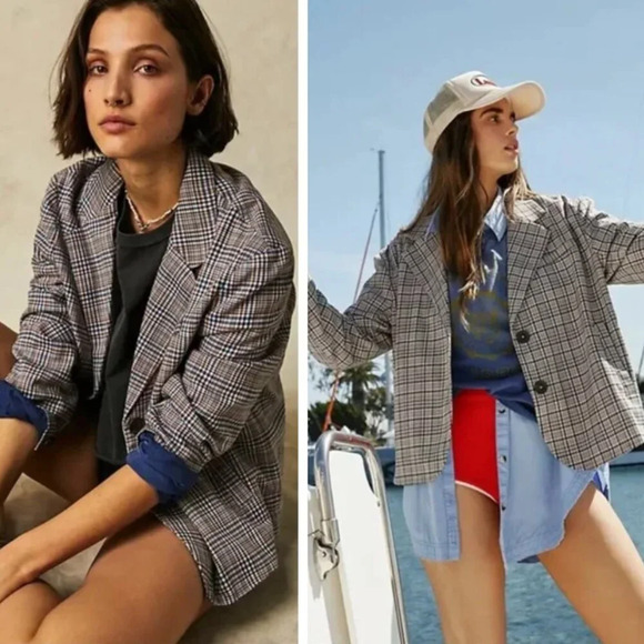 Free People Cali Blazer Dust Combo Plaid Academia Preppy Trendy Oversized - Picture 1 of 8